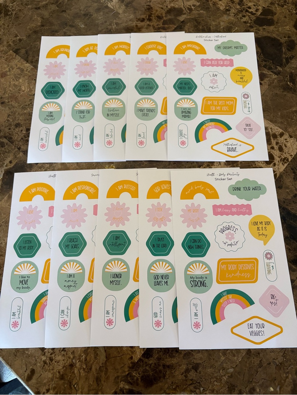 Affirmation Sticker Sheets - Pastel Yellow, Pink, Green & Teal. Set of 10 pack